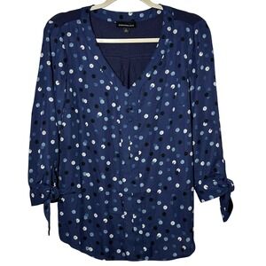 FORTUNE IVY Navy Blue Polka Dot V Neck Tie Sleeve Blouse Women's Medium